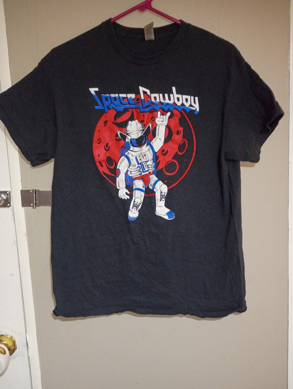 Gildan Black 'Space Cowboy' Graphic Tee with Red & Blue Print